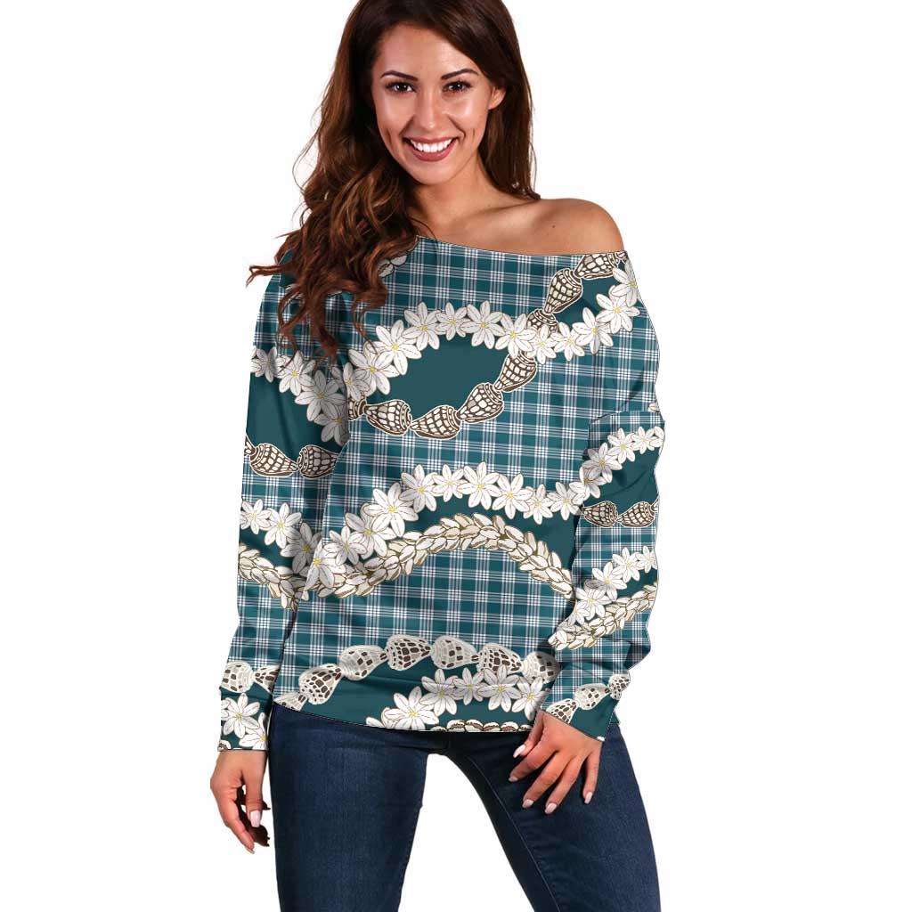 Dark Cyan Hawaii Tiare and Shell Lei Off Shoulder Sweater Hawaiian Palaka Luxury Vibes LT14 Women Dark Cyan - Polynesian Pride