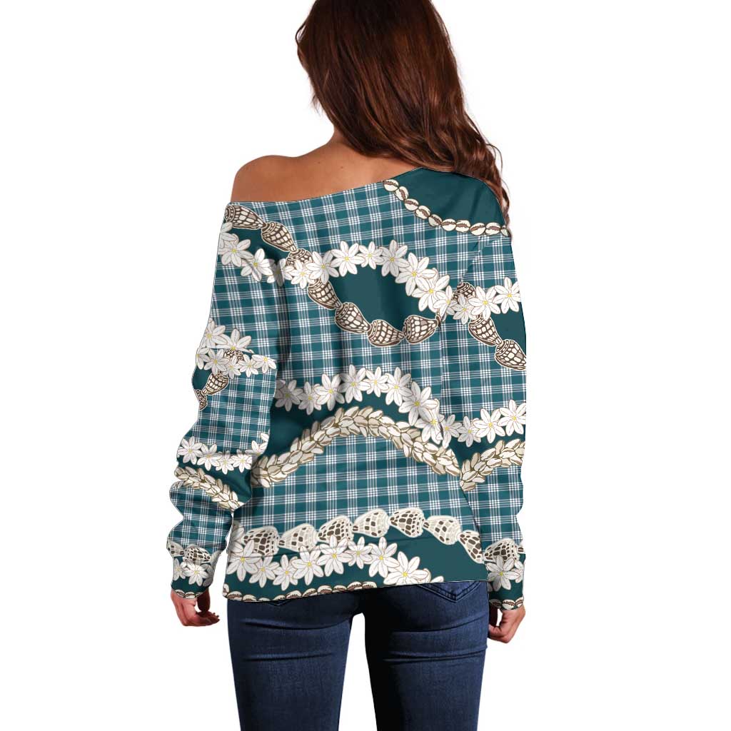 Dark Cyan Hawaii Tiare and Shell Lei Off Shoulder Sweater Hawaiian Palaka Luxury Vibes LT14 - Polynesian Pride