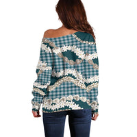 Dark Cyan Hawaii Tiare and Shell Lei Off Shoulder Sweater Hawaiian Palaka Luxury Vibes LT14 - Polynesian Pride