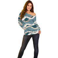 Dark Cyan Hawaii Tiare and Shell Lei Off Shoulder Sweater Hawaiian Palaka Luxury Vibes LT14 - Polynesian Pride