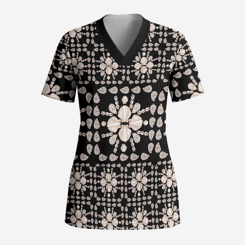 Aloha Hawaii Shell Quilt Scrub Top Seamless Style LT14 Adult Black - Polynesian Pride