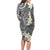 Gray Polynesian Tribal Frangipani Tropical Vibe Family Matching Long Sleeve Bodycon Dress and Hawaiian Shirt