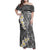 Gray Polynesian Tribal Frangipani Tropical Vibe Family Matching Off Shoulder Maxi Dress and Hawaiian Shirt