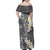 Gray Polynesian Tribal Frangipani Tropical Vibe Family Matching Off Shoulder Maxi Dress and Hawaiian Shirt