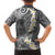 Gray Polynesian Tribal Frangipani Tropical Vibe Family Matching Off Shoulder Short Dress and Hawaiian Shirt