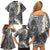 Gray Polynesian Tribal Frangipani Tropical Vibe Family Matching Off Shoulder Short Dress and Hawaiian Shirt