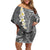 Gray Polynesian Tribal Frangipani Tropical Vibe Family Matching Off Shoulder Short Dress and Hawaiian Shirt