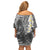 Gray Polynesian Tribal Frangipani Tropical Vibe Family Matching Off Shoulder Short Dress and Hawaiian Shirt