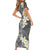 Gray Polynesian Tribal Frangipani Tropical Vibe Family Matching Short Sleeve Bodycon Dress and Hawaiian Shirt