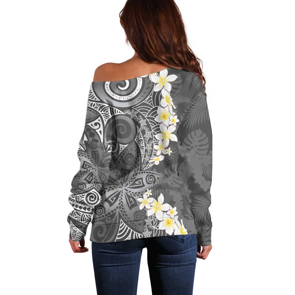 Gray Polynesian Tribal Frangipani Tropical Vibe Off Shoulder Sweater LT14 - Polynesian Pride