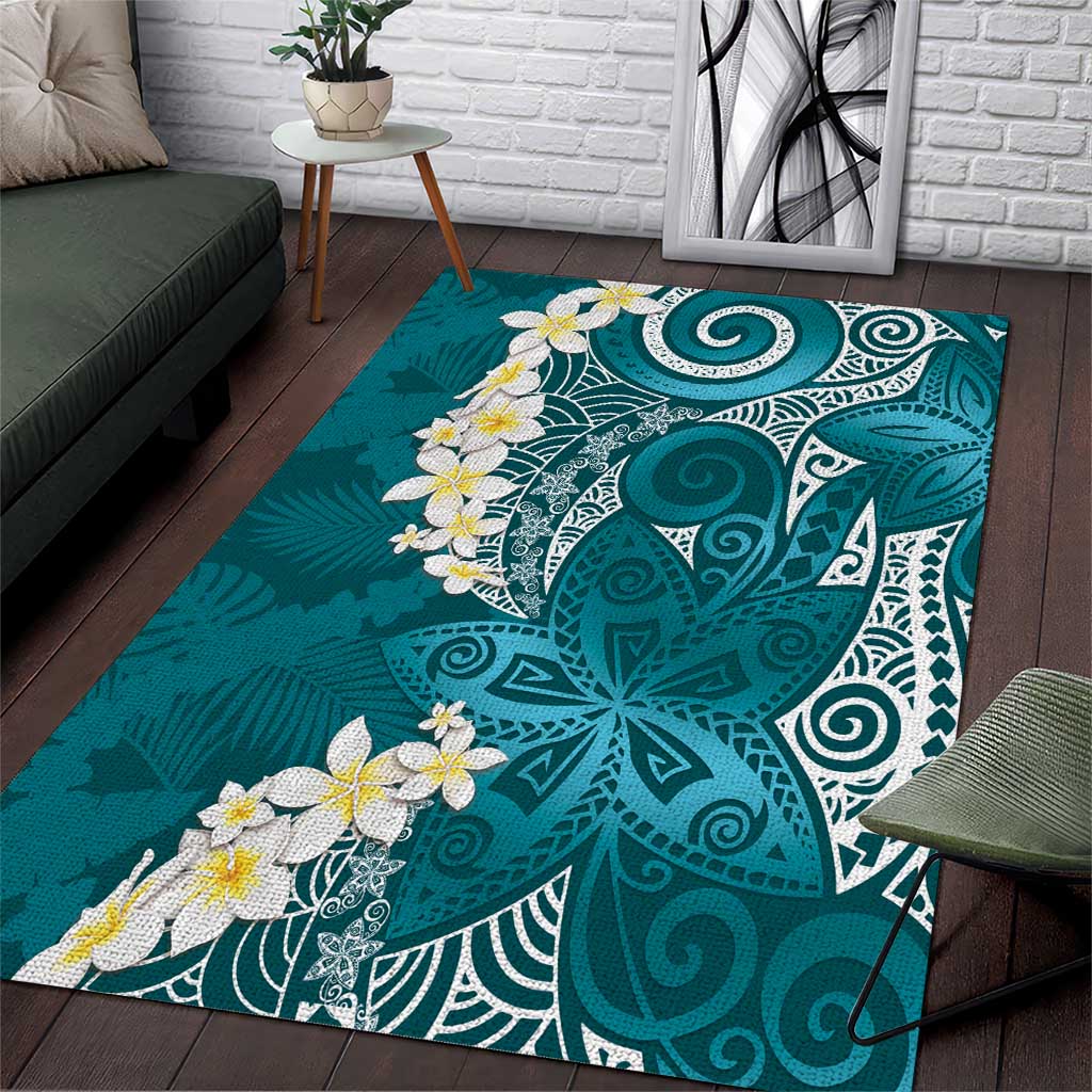 Cyan Polynesian Tribal Frangipani Tropical Vibe Area Rug LT14 Cyan - Polynesian Pride