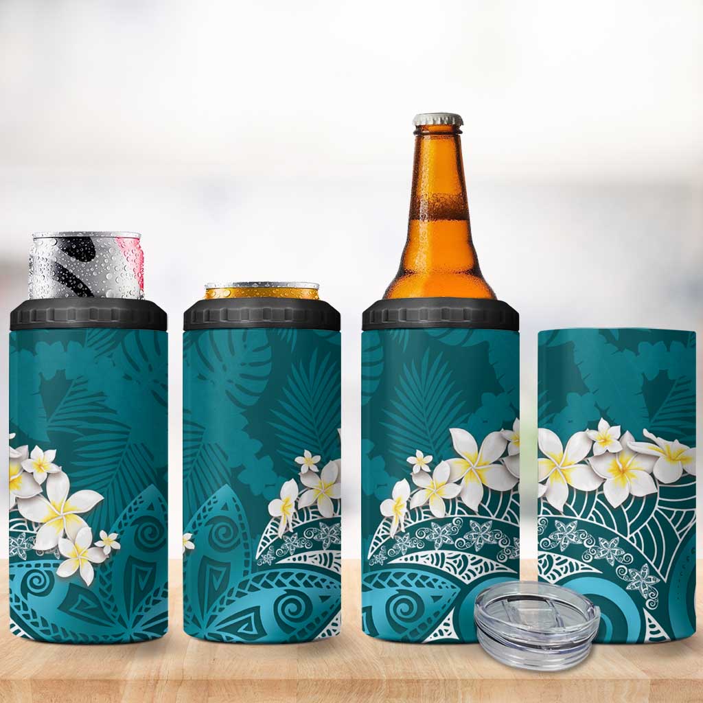 Cyan Polynesian Tribal Frangipani Tropical Vibe 4 in 1 Can Cooler Tumbler LT14 - Polynesian Pride