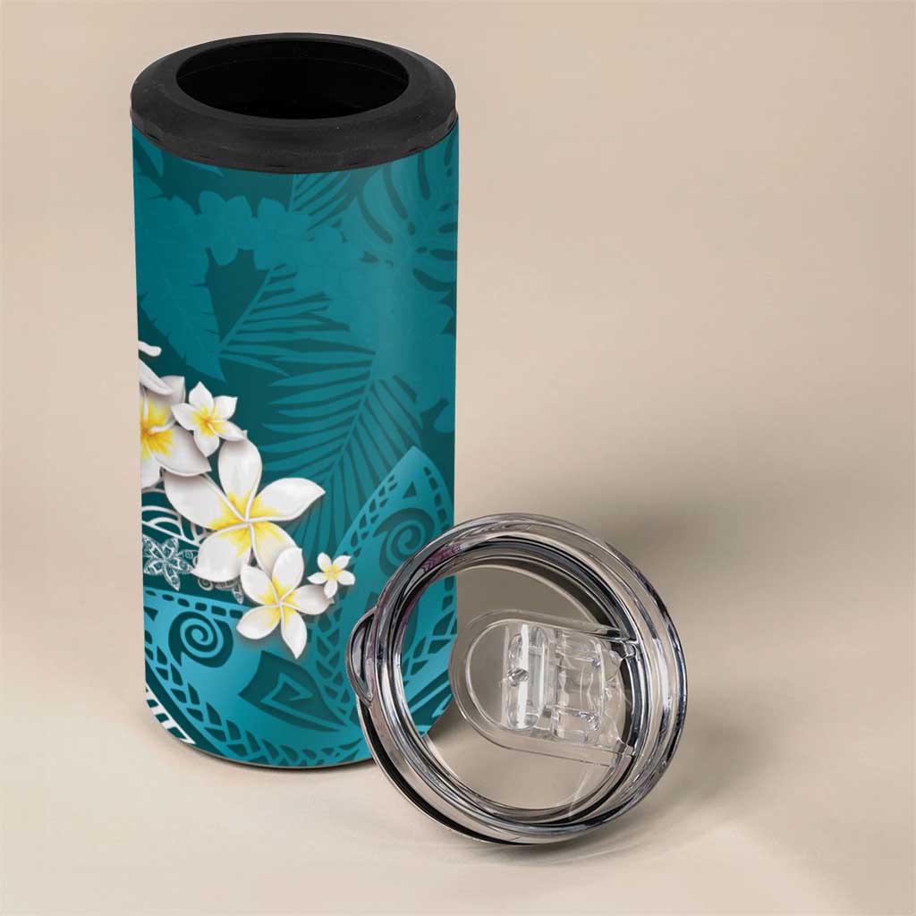 Cyan Polynesian Tribal Frangipani Tropical Vibe 4 in 1 Can Cooler Tumbler LT14 - Polynesian Pride