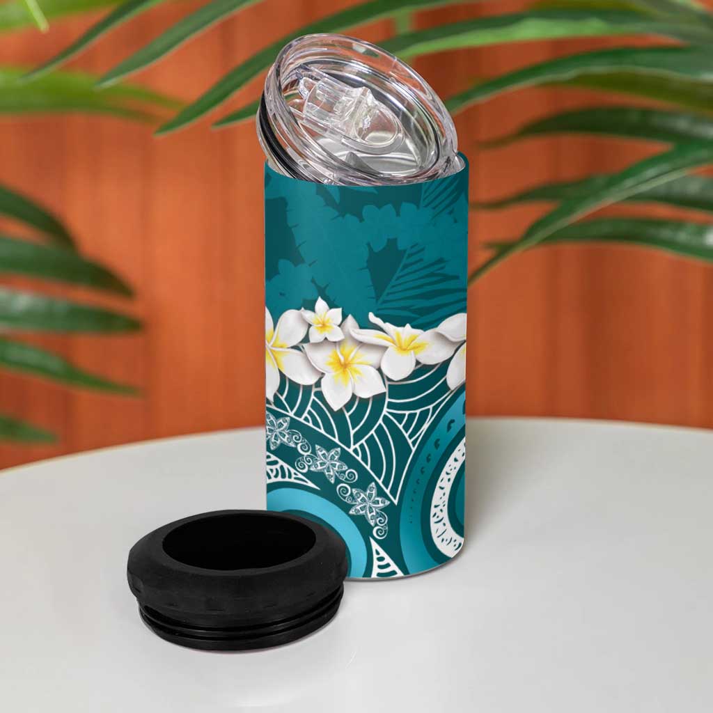 Cyan Polynesian Tribal Frangipani Tropical Vibe 4 in 1 Can Cooler Tumbler LT14 - Polynesian Pride