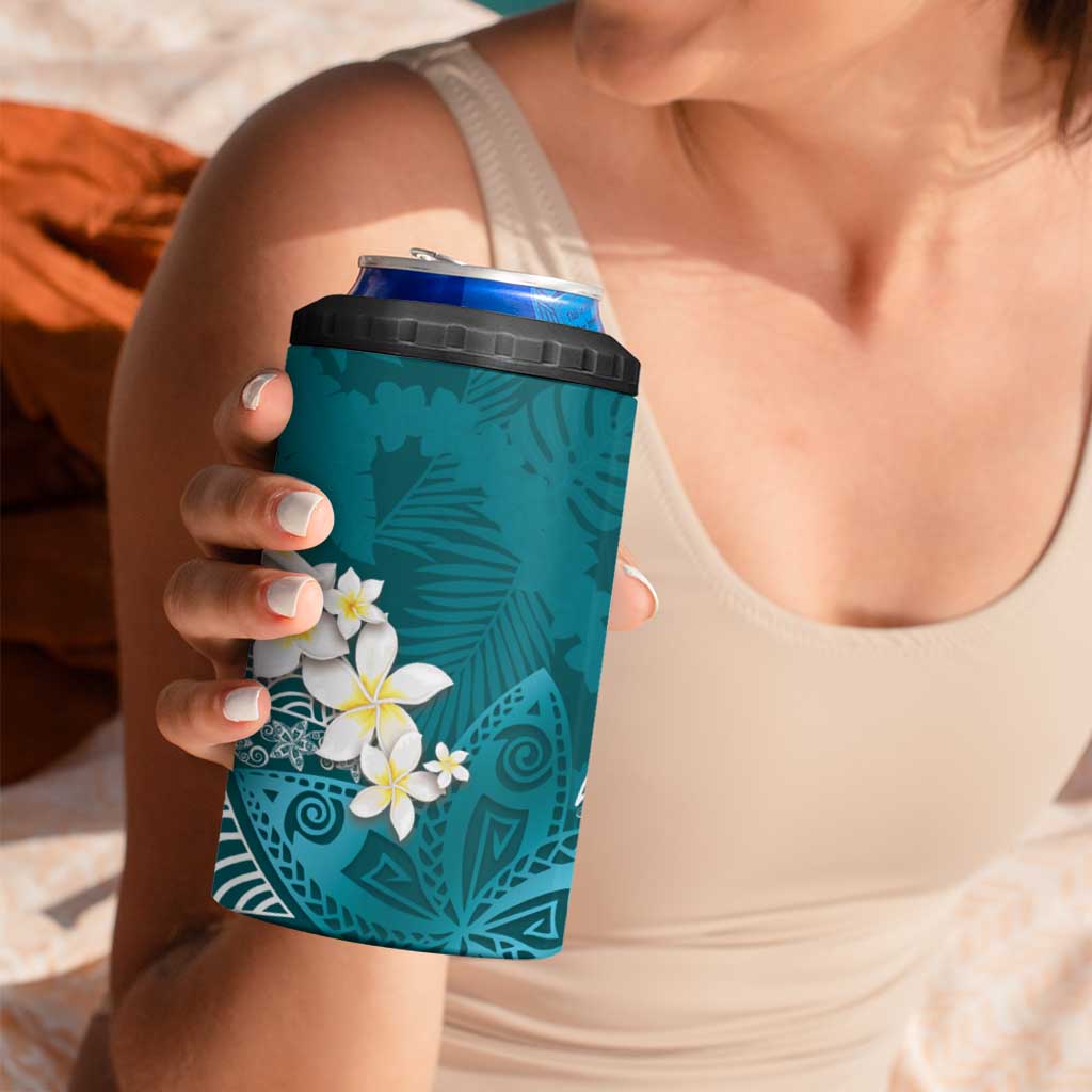 Cyan Polynesian Tribal Frangipani Tropical Vibe 4 in 1 Can Cooler Tumbler LT14 - Polynesian Pride