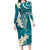 Cyan Polynesian Tribal Frangipani Tropical Vibe Family Matching Long Sleeve Bodycon Dress and Hawaiian Shirt