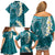 Cyan Polynesian Tribal Frangipani Tropical Vibe Family Matching Off Shoulder Short Dress and Hawaiian Shirt