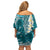 Cyan Polynesian Tribal Frangipani Tropical Vibe Family Matching Off Shoulder Short Dress and Hawaiian Shirt