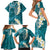 Cyan Polynesian Tribal Frangipani Tropical Vibe Family Matching Short Sleeve Bodycon Dress and Hawaiian Shirt