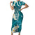 Cyan Polynesian Tribal Frangipani Tropical Vibe Family Matching Short Sleeve Bodycon Dress and Hawaiian Shirt