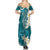 Cyan Polynesian Tribal Frangipani Tropical Vibe Family Matching Summer Maxi Dress and Hawaiian Shirt