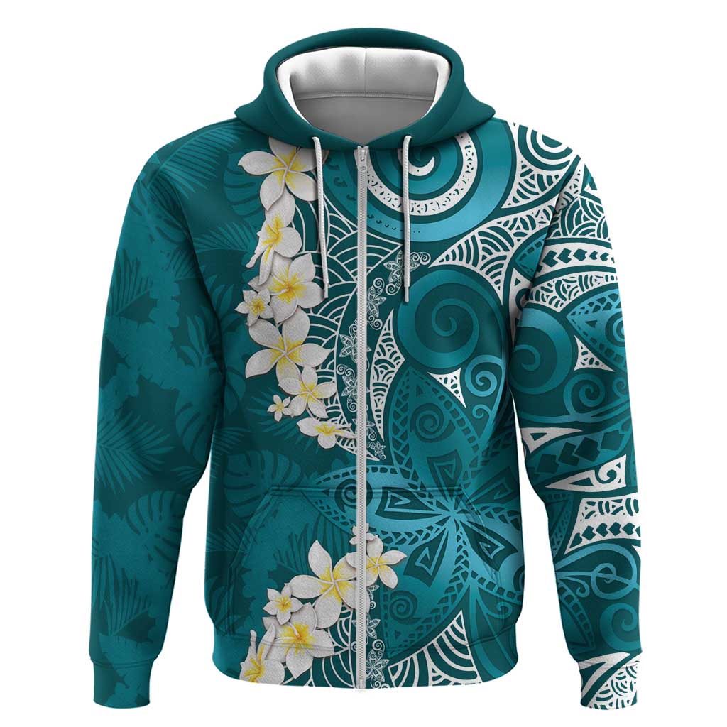 Cyan Polynesian Tribal Frangipani Tropical Vibe Hoodie LT14 Zip Hoodie Cyan - Polynesian Pride