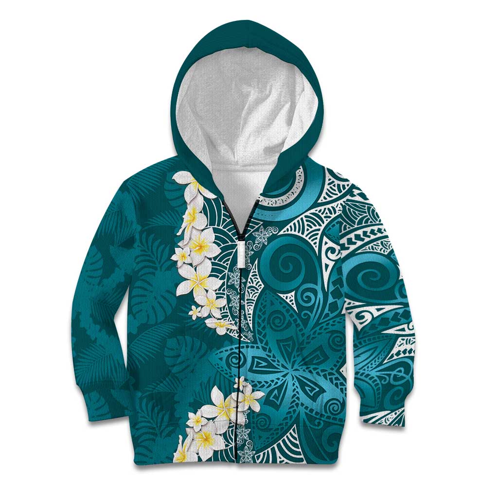 Cyan Polynesian Tribal Frangipani Tropical Vibe Kid Hoodie LT14 Zip Hoodie Cyan - Polynesian Pride