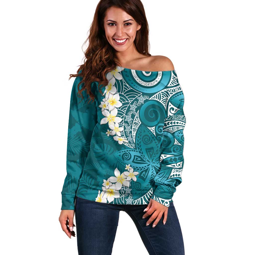 Cyan Polynesian Tribal Frangipani Tropical Vibe Off Shoulder Sweater LT14 Women Cyan - Polynesian Pride