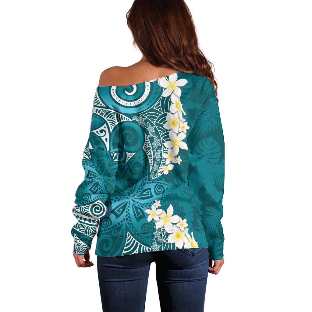 Cyan Polynesian Tribal Frangipani Tropical Vibe Off Shoulder Sweater LT14 - Polynesian Pride
