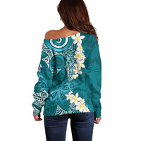Cyan Polynesian Tribal Frangipani Tropical Vibe Off Shoulder Sweater LT14 - Polynesian Pride