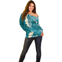Cyan Polynesian Tribal Frangipani Tropical Vibe Off Shoulder Sweater LT14 - Polynesian Pride