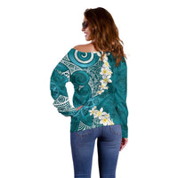 Cyan Polynesian Tribal Frangipani Tropical Vibe Off Shoulder Sweater LT14 - Polynesian Pride