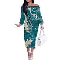 Cyan Polynesian Tribal Frangipani Tropical Vibe Off The Shoulder Long Sleeve Dress LT14 Women Cyan - Polynesian Pride