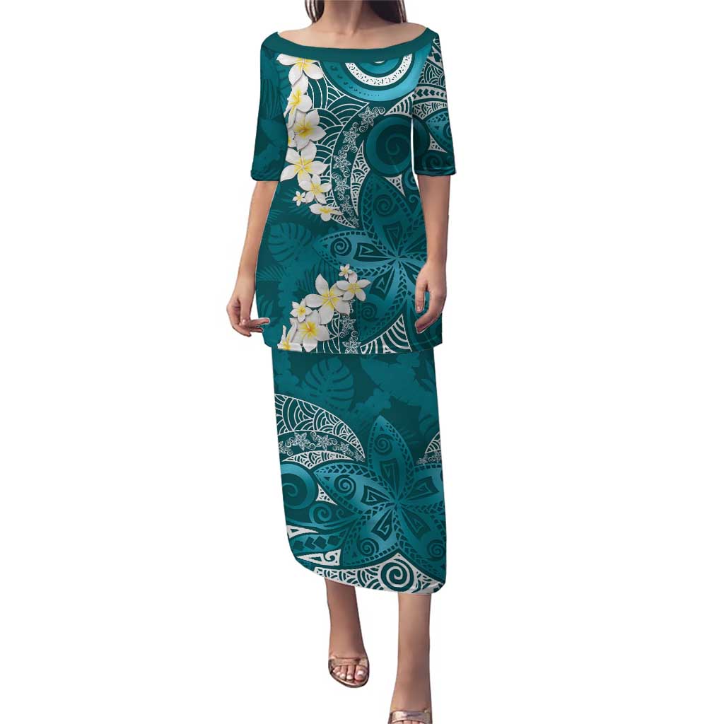 Cyan Polynesian Tribal Frangipani Tropical Vibe Puletasi LT14 Long Dress Cyan - Polynesian Pride
