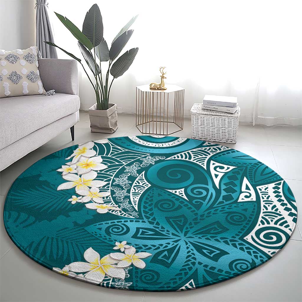 Cyan Polynesian Tribal Frangipani Tropical Vibe Round Carpet LT14 - Polynesian Pride