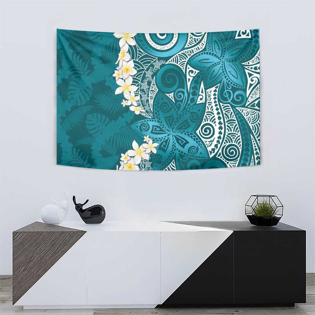 Cyan Polynesian Tribal Frangipani Tropical Vibe Tapestry LT14 - Polynesian Pride