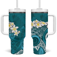 Cyan Polynesian Tribal Frangipani Tropical Vibe Tumbler With Handle LT14 One Size: 40 oz Cyan - Polynesian Pride