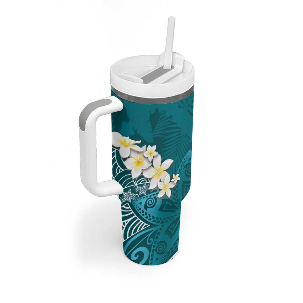 Cyan Polynesian Tribal Frangipani Tropical Vibe Tumbler With Handle LT14 - Polynesian Pride
