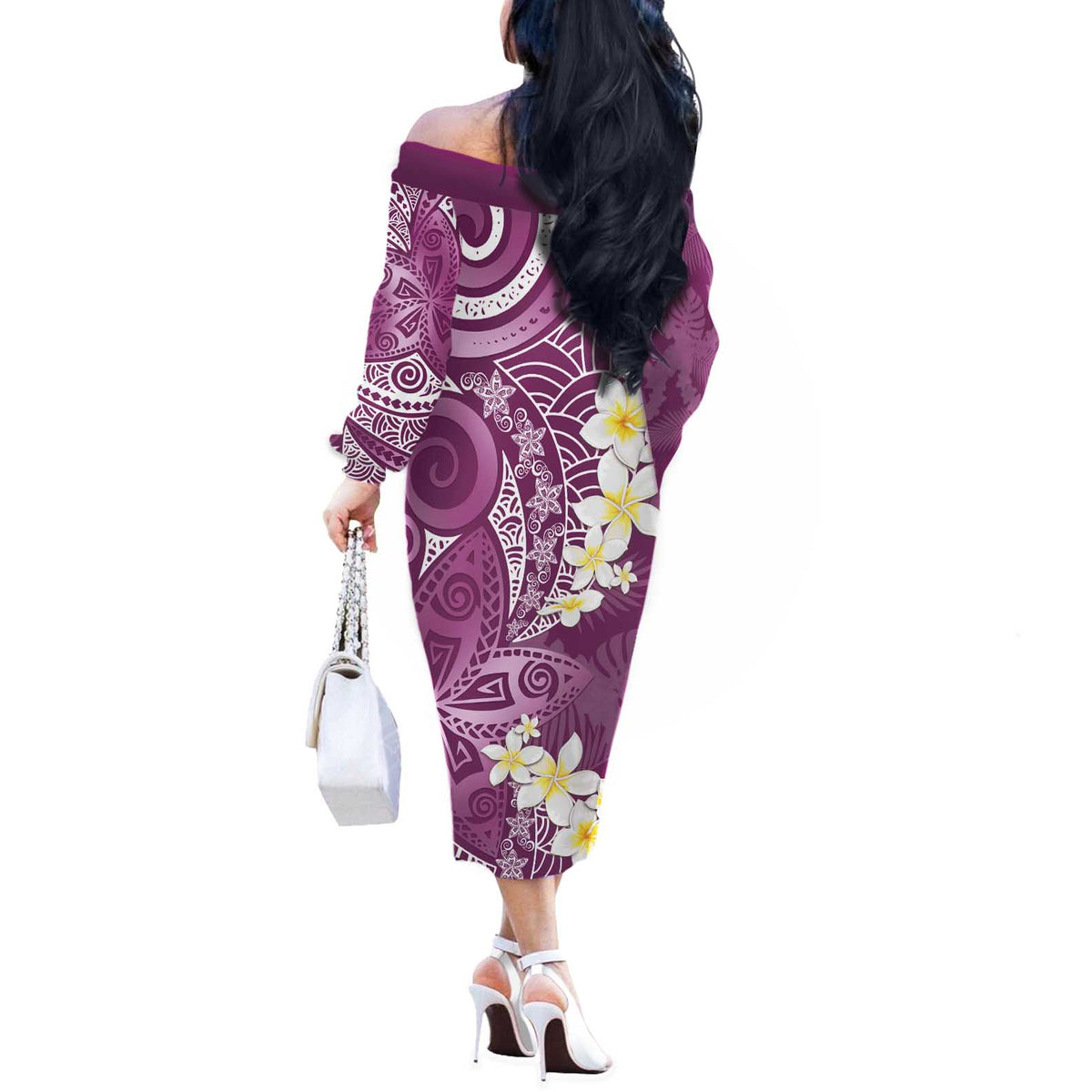 Pink Polynesian Tribal Frangipani Tropical Vibe Off The Shoulder Long Sleeve Dress LT14 - Polynesian Pride