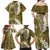 Gold Polynesian Tribal Frangipani Tropical Vibe Family Matching Off Shoulder Maxi Dress and Hawaiian Shirt