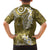 Gold Polynesian Tribal Frangipani Tropical Vibe Family Matching Off Shoulder Short Dress and Hawaiian Shirt