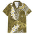 Gold Polynesian Tribal Frangipani Tropical Vibe Family Matching Off Shoulder Short Dress and Hawaiian Shirt