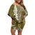 Gold Polynesian Tribal Frangipani Tropical Vibe Family Matching Off Shoulder Short Dress and Hawaiian Shirt