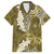 Gold Polynesian Tribal Frangipani Tropical Vibe Family Matching Short Sleeve Bodycon Dress and Hawaiian Shirt