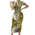 Gold Polynesian Tribal Frangipani Tropical Vibe Family Matching Short Sleeve Bodycon Dress and Hawaiian Shirt