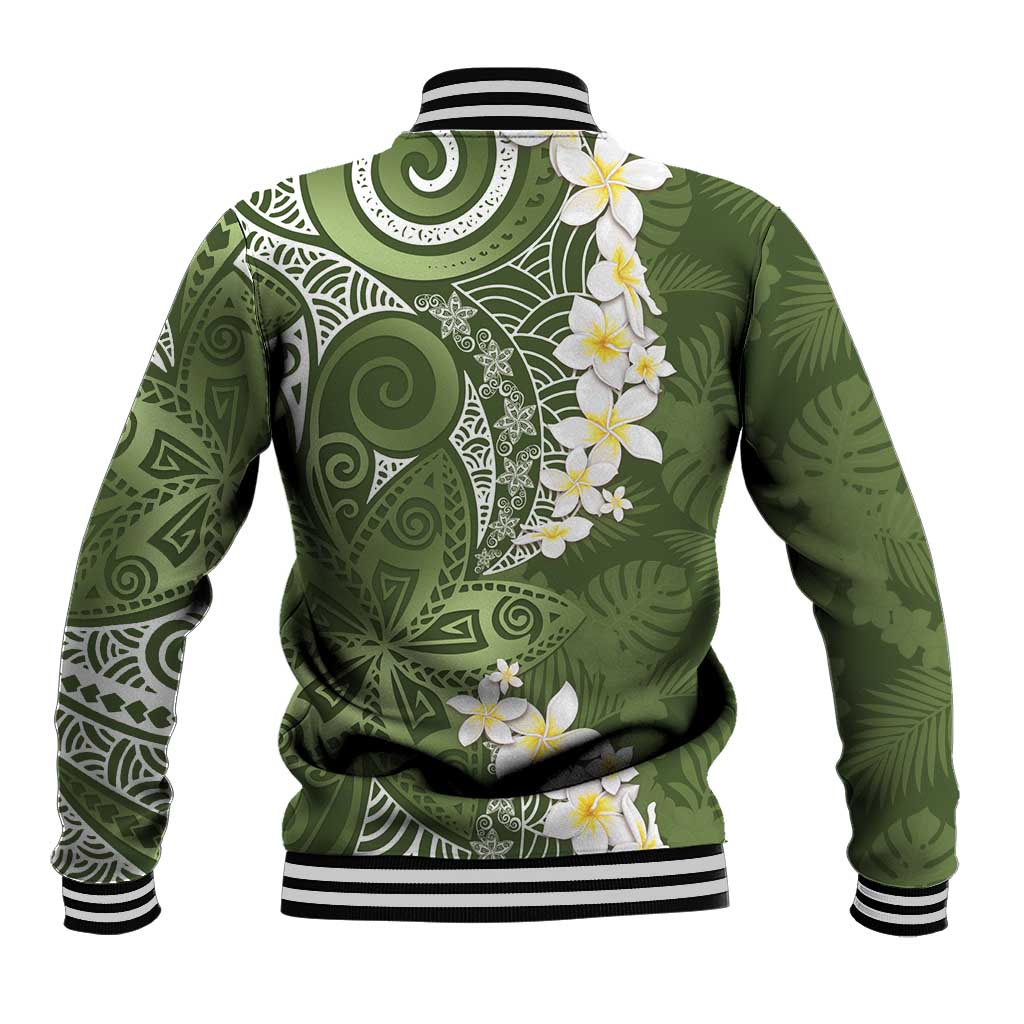 Green Polynesian Tribal Frangipani Tropical Vibe Baseball Jacket LT14 - Polynesian Pride