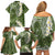 Green Polynesian Tribal Frangipani Tropical Vibe Family Matching Off Shoulder Short Dress and Hawaiian Shirt