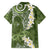 Green Polynesian Tribal Frangipani Tropical Vibe Family Matching Off Shoulder Short Dress and Hawaiian Shirt