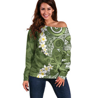 Green Polynesian Tribal Frangipani Tropical Vibe Off Shoulder Sweater LT14 Women Green - Polynesian Pride
