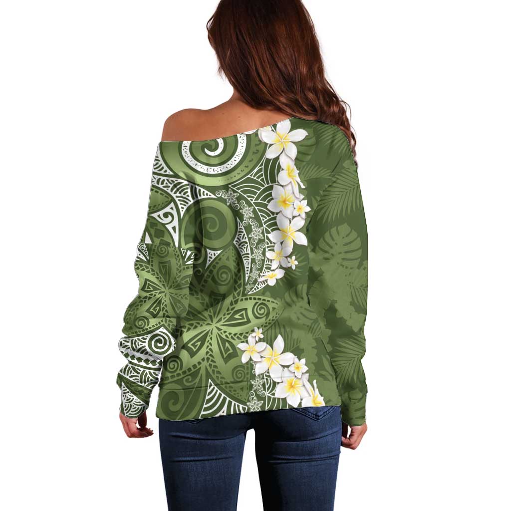 Green Polynesian Tribal Frangipani Tropical Vibe Off Shoulder Sweater LT14 - Polynesian Pride